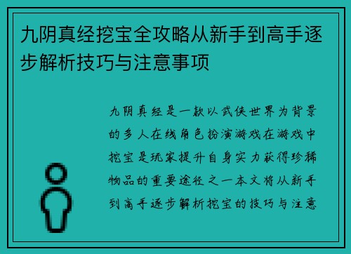 九阴真经挖宝全攻略从新手到高手逐步解析技巧与注意事项 九阴真经挖宝全攻略从新手到高手逐步解析技巧与注意事项